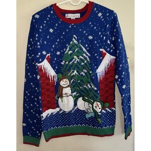 Jolly Sweaters‎ Ugly Christmas Sweater Size Small LIGHTS UP Snowman Blue Tree